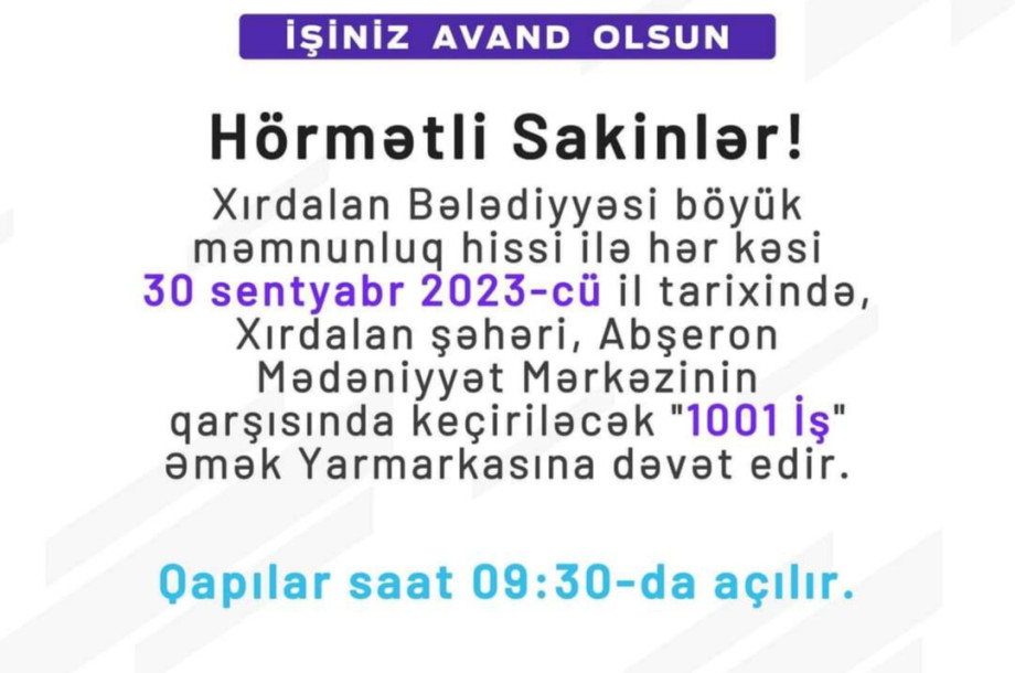 30.09.2023-cü il tarixində Avropa İttifaqının maliyyə dəstəyi və BMT İnkişaf Proqramının icraçısı olduğu Əmək Yarmarkası keçiriləcək.